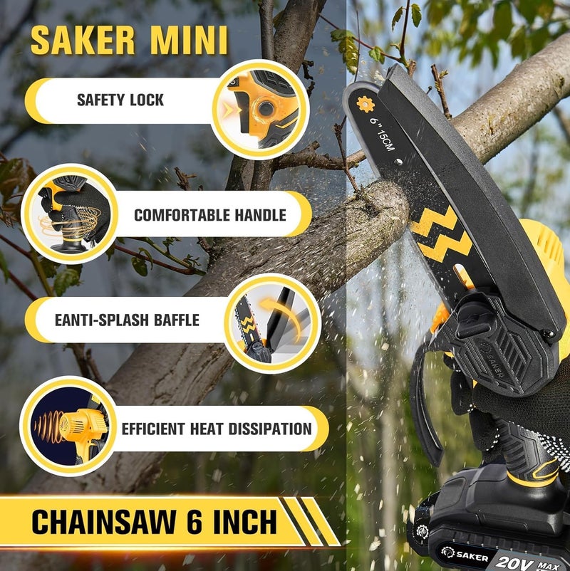 Saker Mini Chainsaw Cordless 6-Inch-Switch Security Lock-Cordless Power Chain Saws-Handheld Small Chainsaw for Cutting Wood Trimming and Woodworking- Mini Chain Saw Cordless with 1 Battery - Image 4